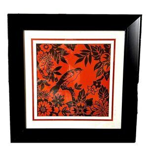 Bird Tree Ink Drawing Illustration Print Black Orange Red Triple Mat Wood Frame